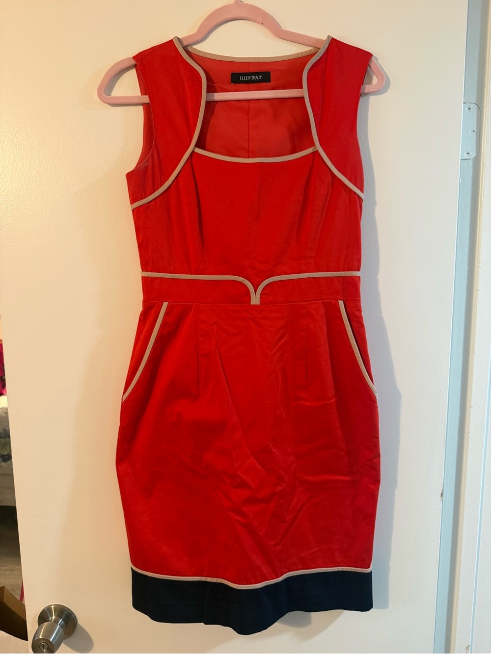 Eliza J Red Sleeveless Sheath Dress with Cream Trim and Navy Hem